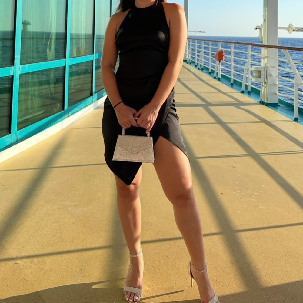 Black halter top satin dress